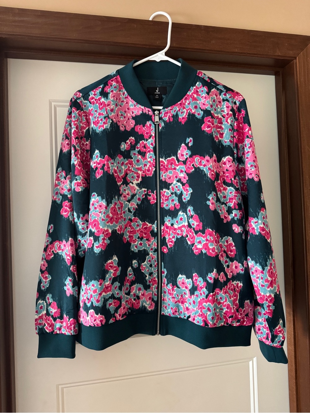 Jason Wu Teal Bomber Jacket with Pink Floral Print